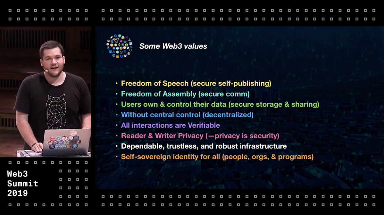 Juan Benet presenting ‘Some Web3 values’ at the Web3 Summit, 2019