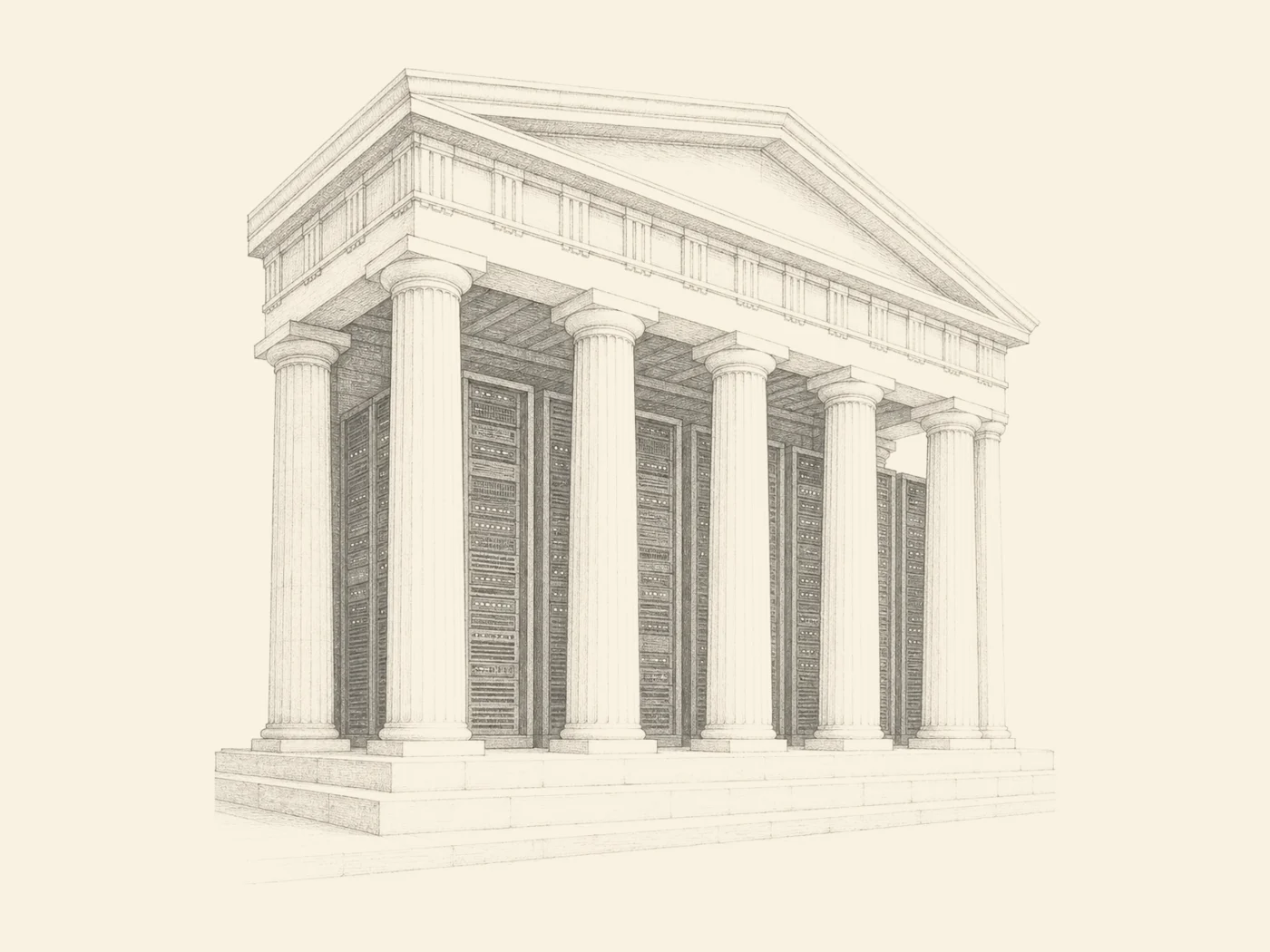 A classical Greek temple whose columns shelter rows of server racks — Simocracy